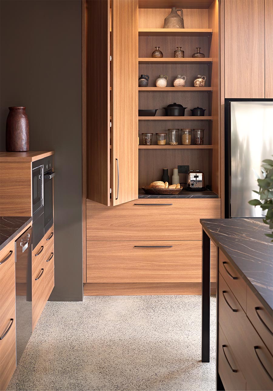 Natural wood grain kitchen cabinetry