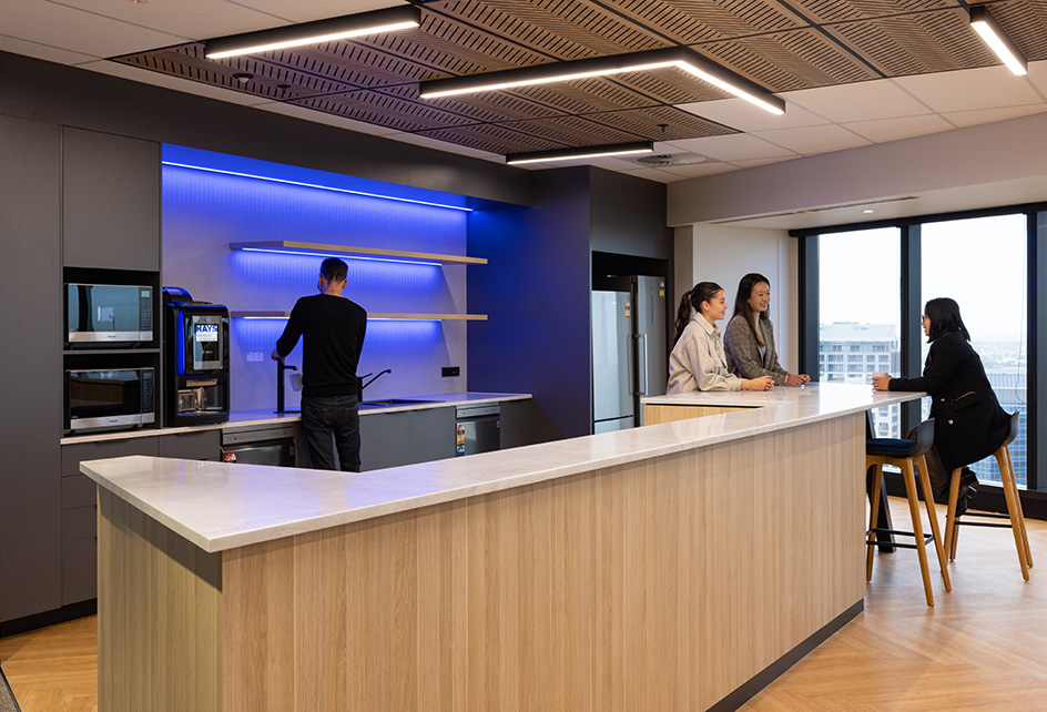 Hays office by stack interiors melteca classic oak and hi-macs auroara grey benchtop