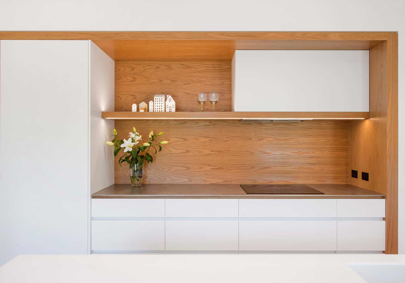 White and wood kitchen cabinets