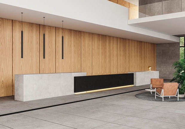 Commercial reception warm natural timber veneer cabinetry